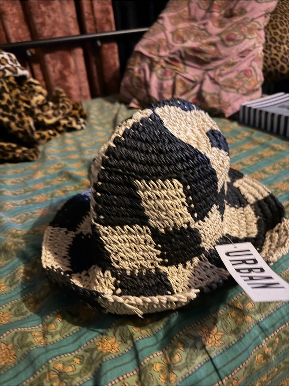 Urban Outfitters Black and Cream Woven Check Sun Hat